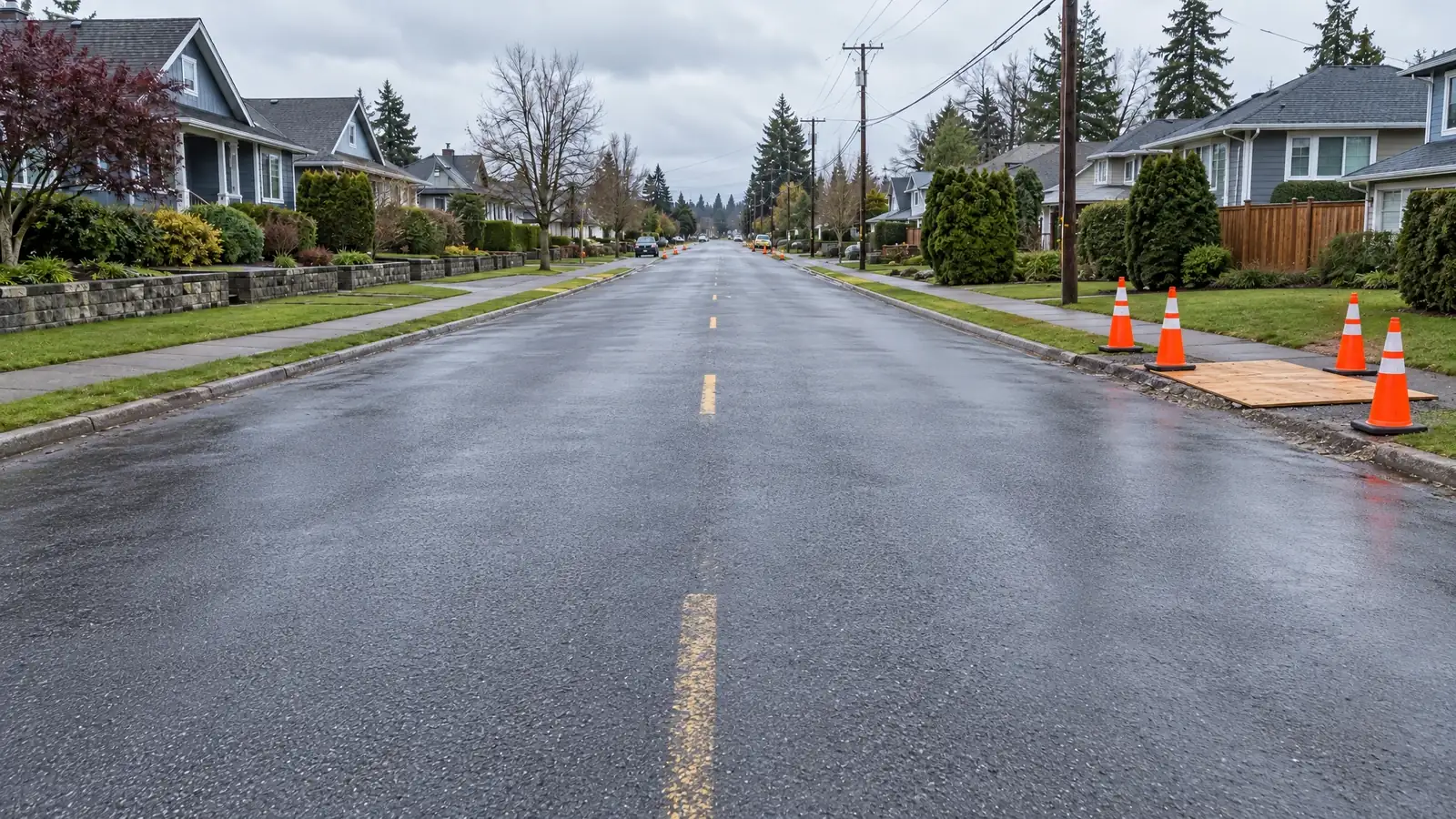 After: the same road intact with only a small bore pit at the shoulder