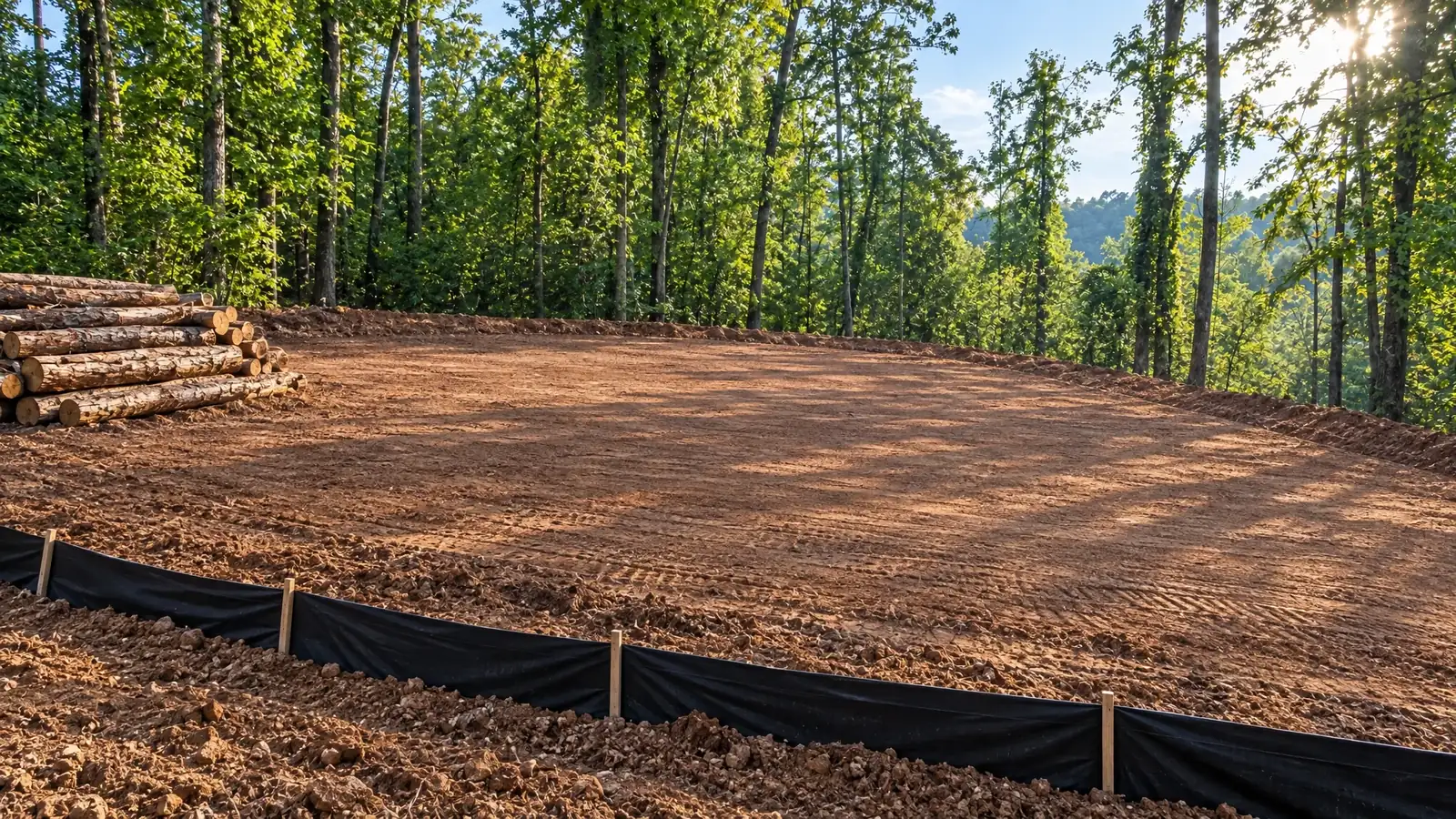 After: the same slope cleared and graded into a building pad with silt fence below