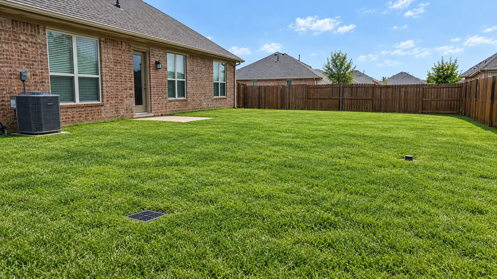 After: the same yard regraded with fresh lawn and a discreet drain emitter and catch basin