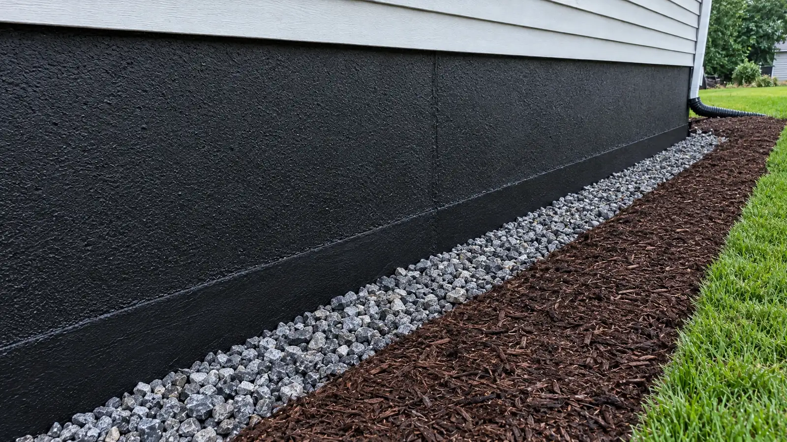 After: the same wall sealed with black membrane, clean gravel and a tidy mulch bed