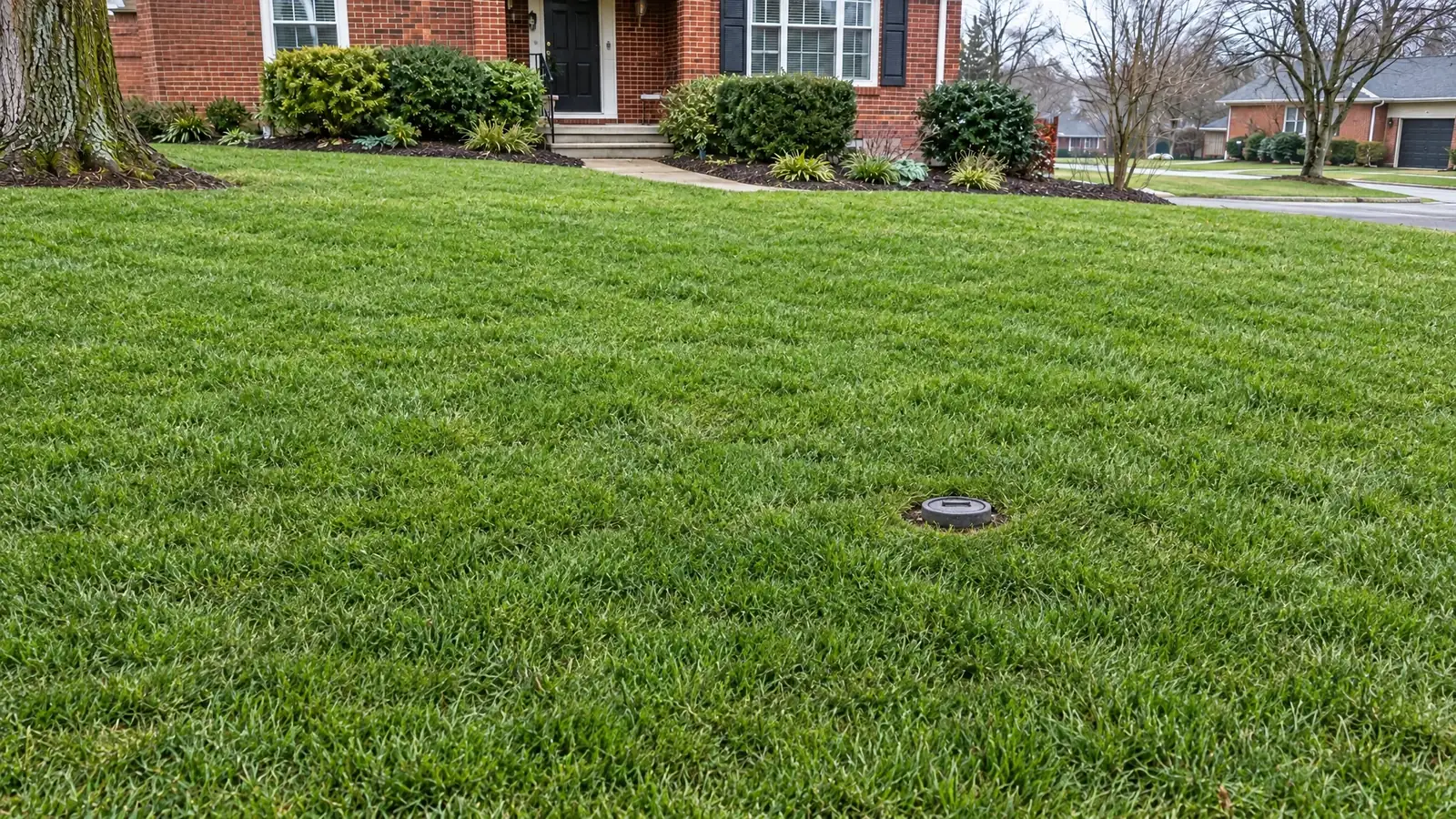 After: the same front yard filled and sodded with only a small capped cleanout visible