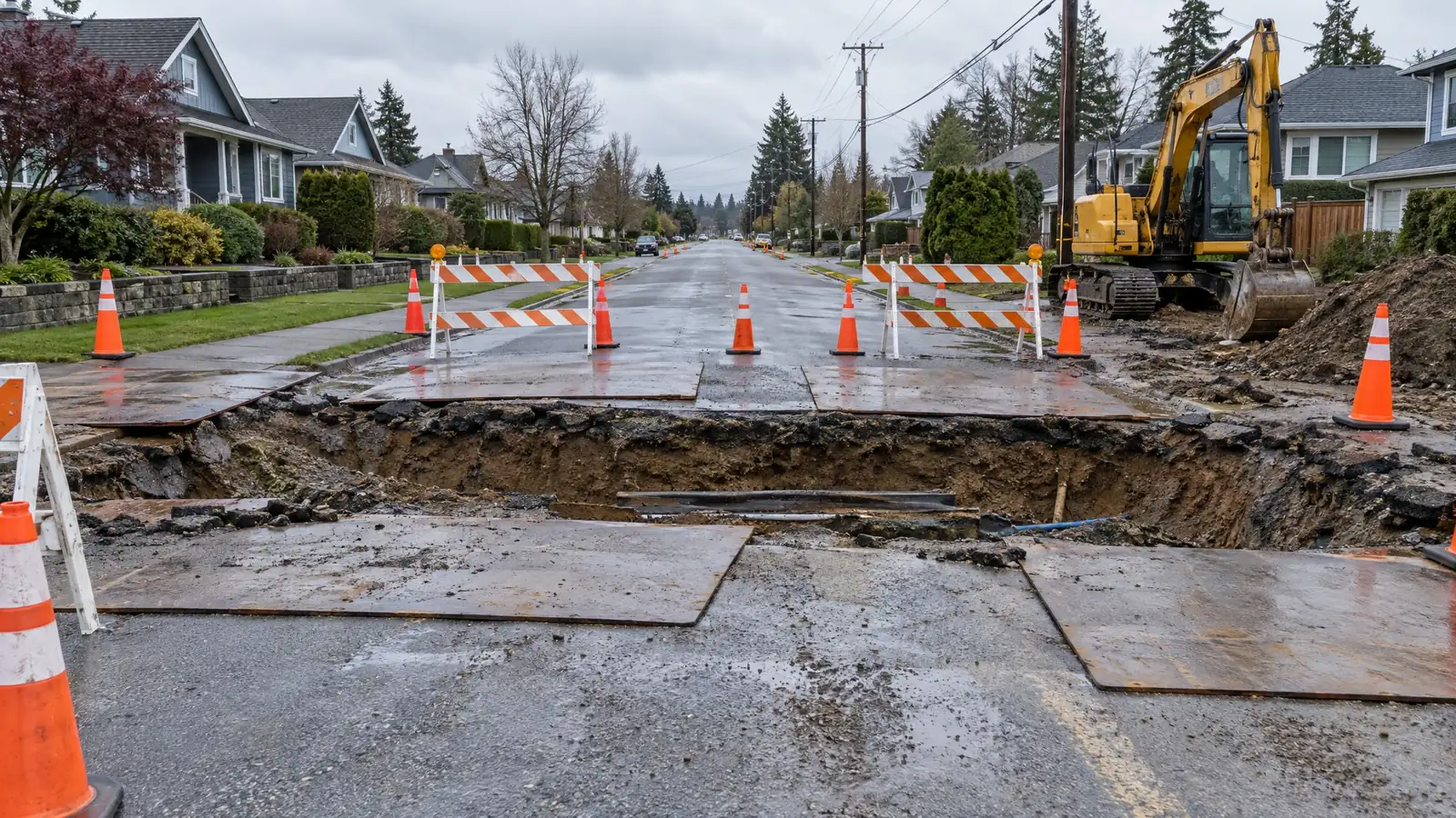 Before: a residential road with an open-cut trench across it and torn asphalt