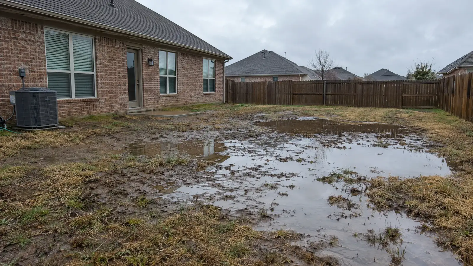 Before: a backyard with standing water and muddy ground along the house wall