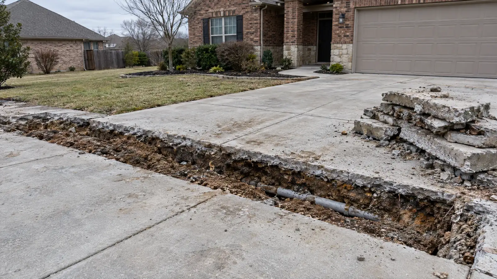 Before: a concrete driveway saw cut for a trench with broken slabs beside it