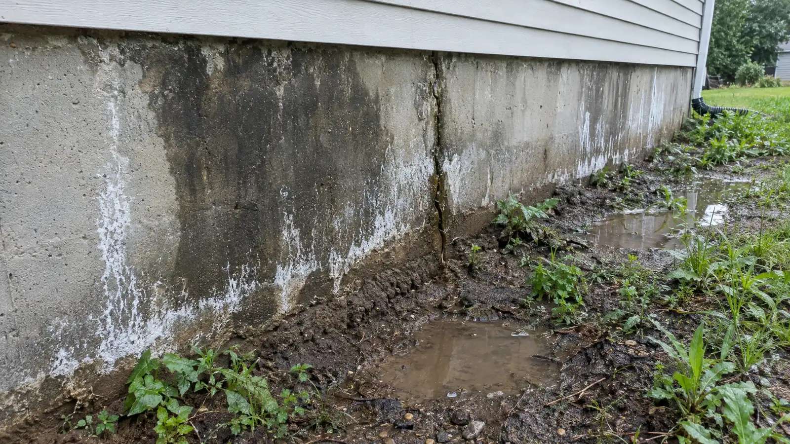 Before: a foundation wall base with water stains, mineral deposits and mud