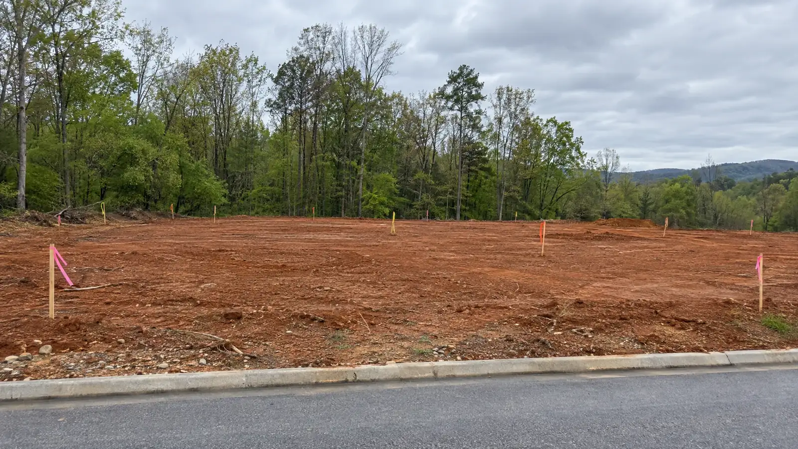 Before: a cleared building lot with bare soil, survey stakes and no utilities visible