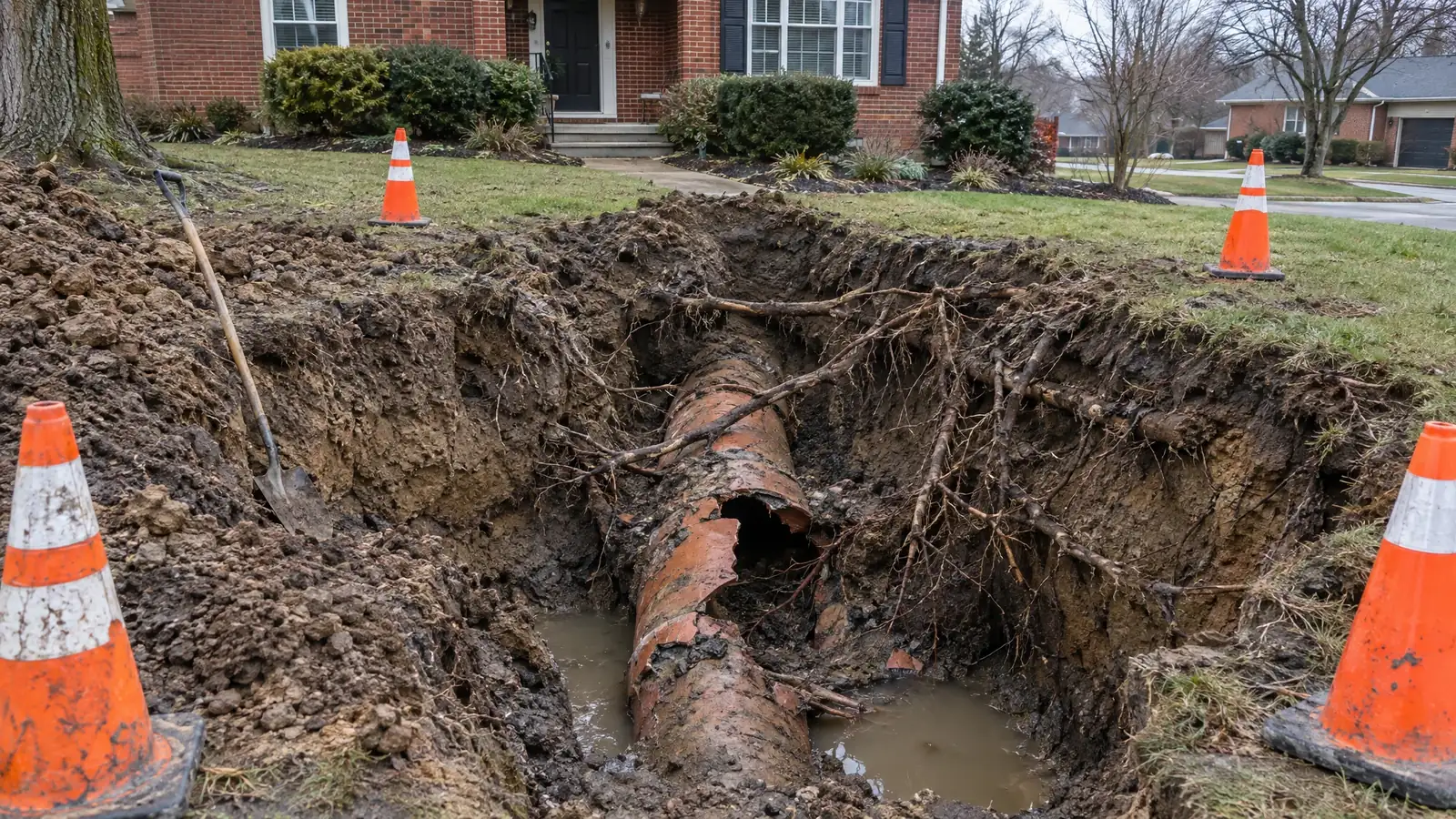 Before: a deep muddy excavation exposing an old broken clay sewer pipe with roots