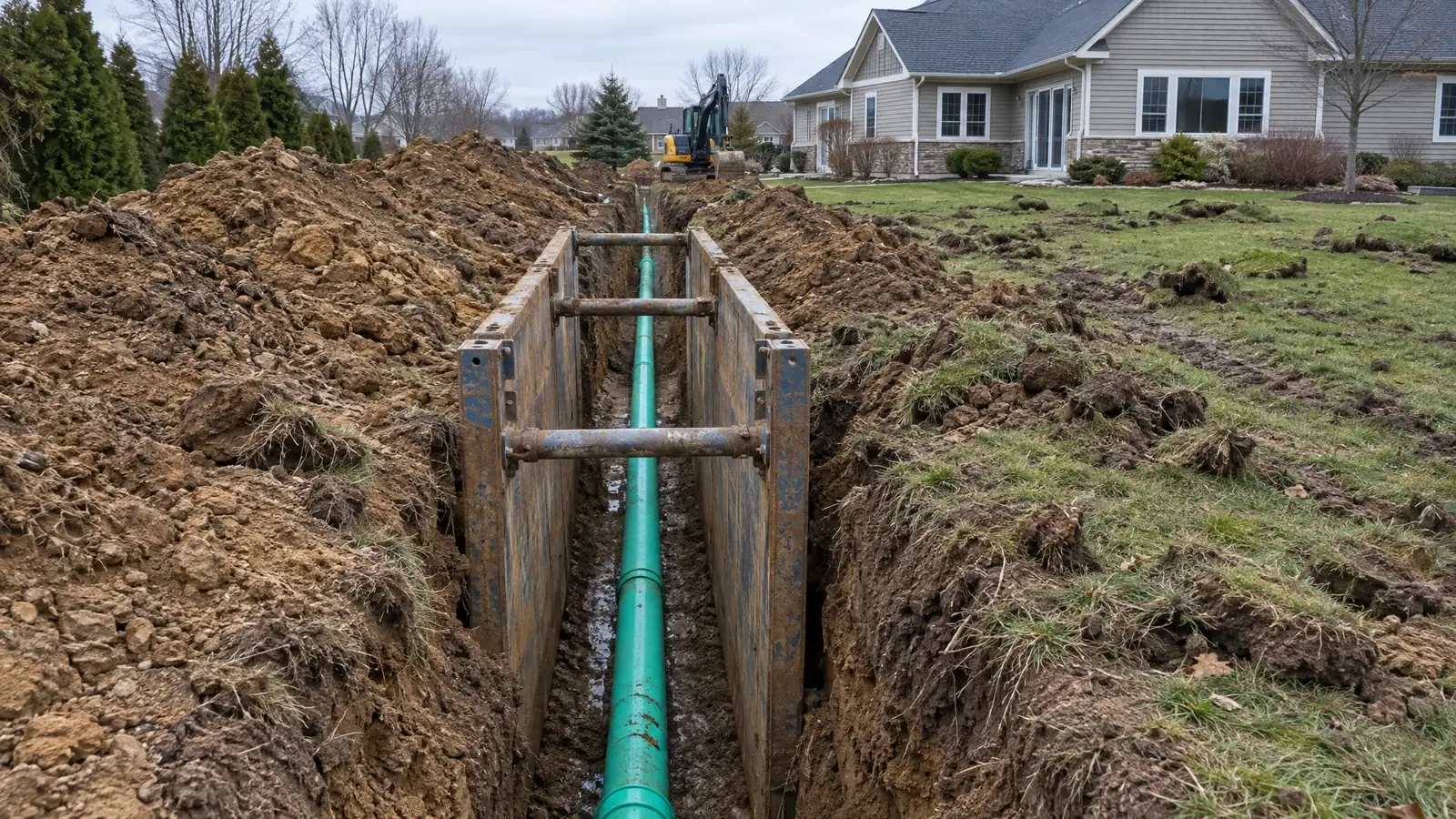 Before: an open utility trench with green pipe laid and spoil piles across a residential yard