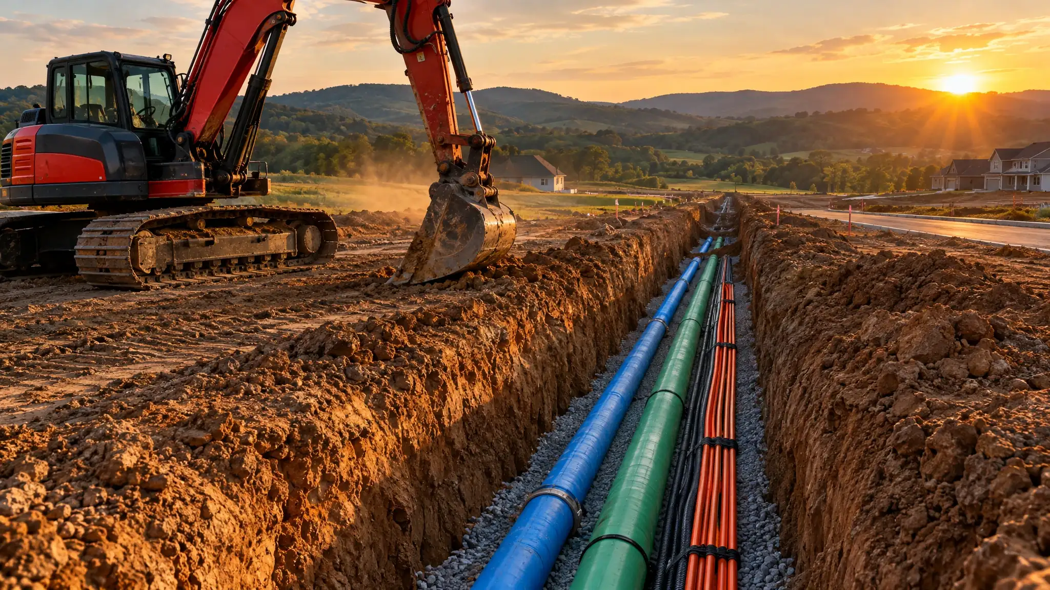 A red excavator beside an open utility trench with water, sewer and conduit lines in a new Tennessee neighborhood